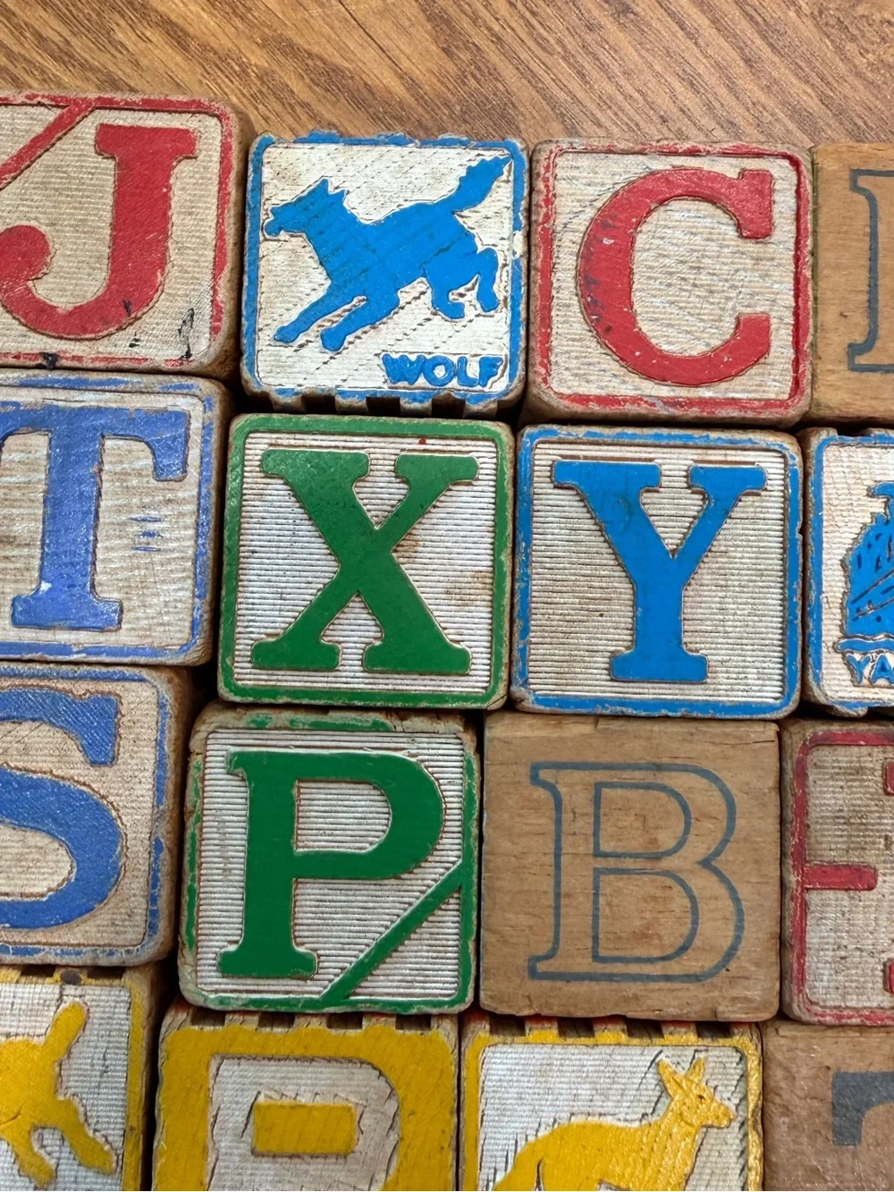 Vintage Antique Wooden Children's Toy Alphabet 43 Blocks Distressed 4 Sided